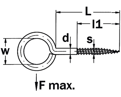 Technische tekening van een ringschroefhaak met maatvoering