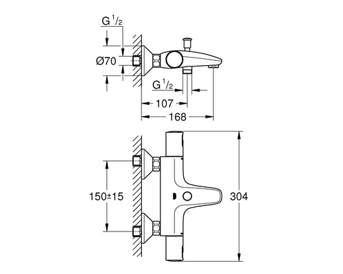 Technische tekening van een opbouw badkraan met maatvoering