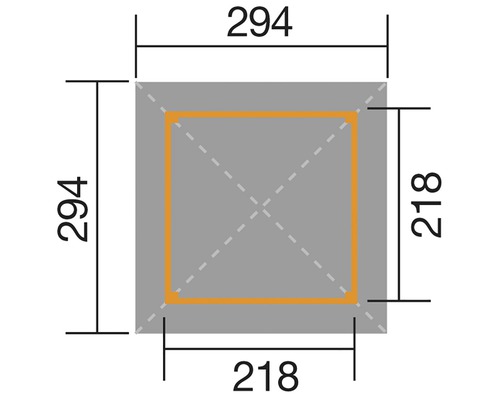 Technische tekening van een vierkant met afmetingen van 294 bij 294 en een rechthoek daarin met afmetingen van 218 bij 218