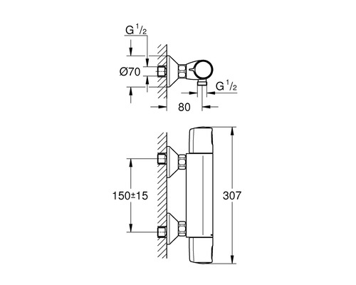 Technische tekening van een badkamerarmatuur aansluiting met afmetingen
