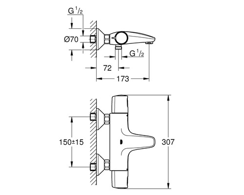 Technische tekening van een kraan met afmetingen