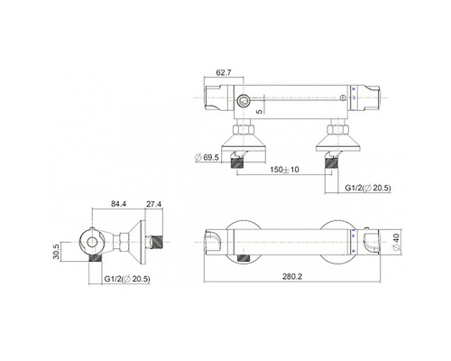 Technische tekening van een douchekraan met maatvoering