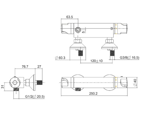 Technische tekening van een kraan met afmetingen