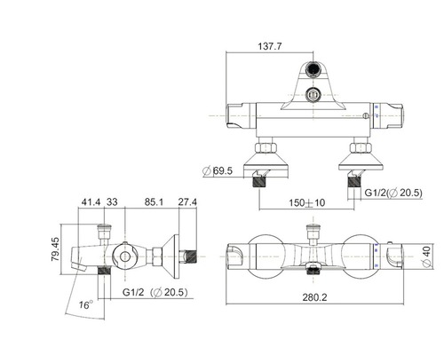 Technische tekening van een kraan met afmetingen