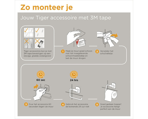 Instructies voor het monteren van Tiger accessoires met 3M tape.