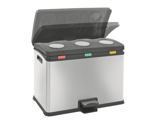 Afvalemmer van roestvrij staal met drie vakken en pedaalbediening