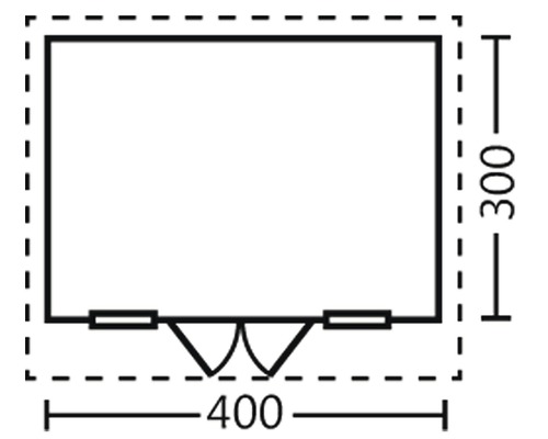 Plattegrondtekening van een tuinhuis met de afmetingen 400 bij 300 centimeter