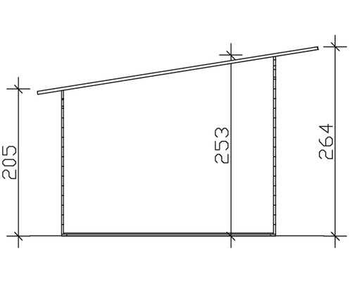 Technische tekening van een tuinhuis met afmetingen.
