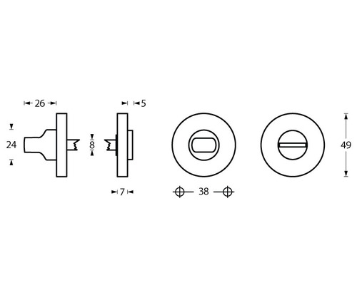 Technische tekening van een toilet draaislot met afmetingen