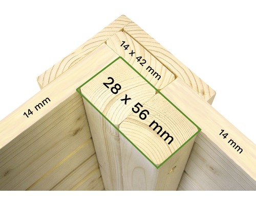 Detailopname van een houten frame met afmetingen van 14 mm, 14 x 42 mm en 28 x 56 mm.