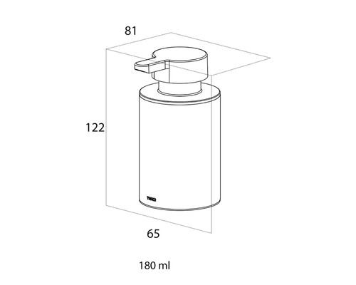 Technische tekening van een zeepdispenser met afmetingen