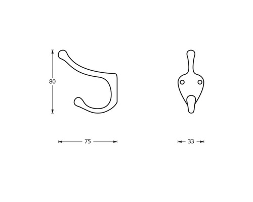Technische tekening van een kledinghaak, zijaanzicht en vooraanzicht met maatlijnen