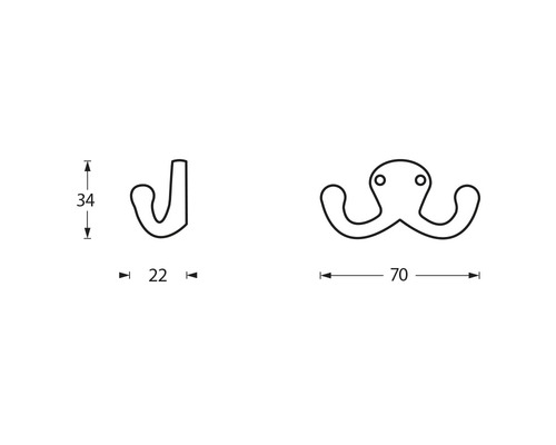 Technische tekening van een kapstokhaak en een octopushaak met afmetingen
