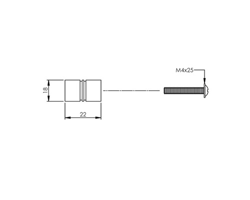 Technische tekening van een knop met schroef M4x25 en afmetingen 18 bij 22 millimeter.