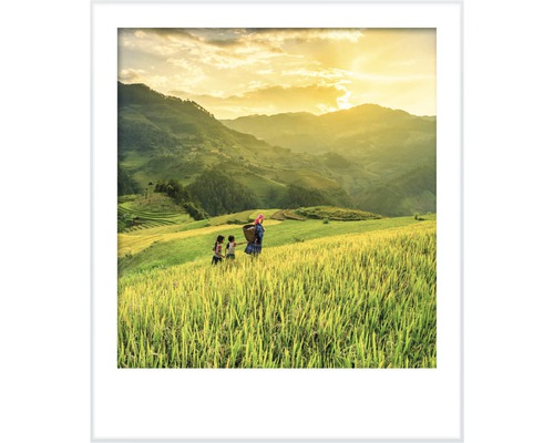 Ingelijste afbeelding van een landelijk tafereel met mensen op een veld voor een heuvellandschap