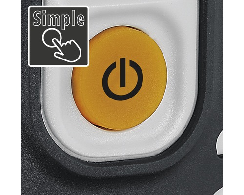 Eenvoudige bediening door een ronde knop met aan-uit-symbool.