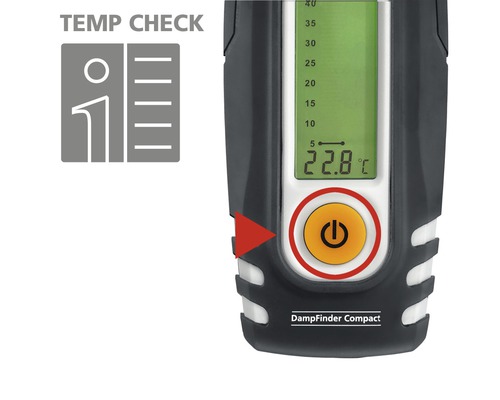 DampFinder Compact vochtmeter close-up met temperatuurweergave en ''Temp Check'' symbool