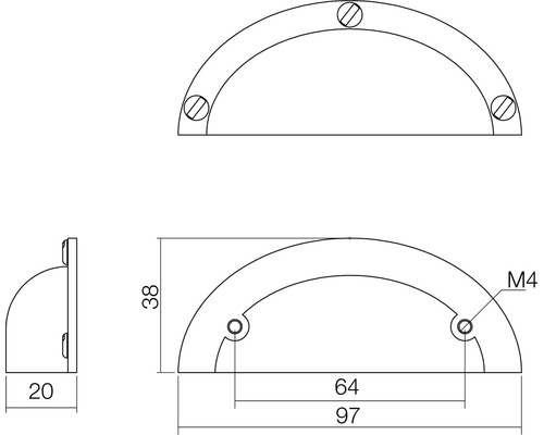 Technische tekening van een komgreep met maatvoering