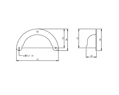 Technische tekening van een komgreep met afmetingen