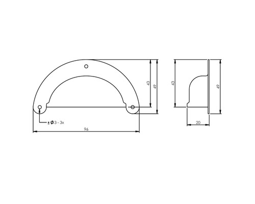 Technische tekening van een komgreep met maataanduidingen