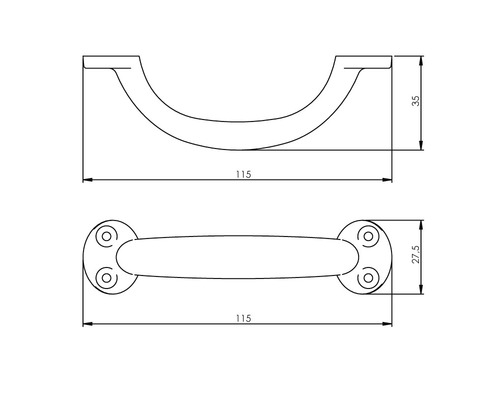 Technische tekening van een handgreep met maatvoering