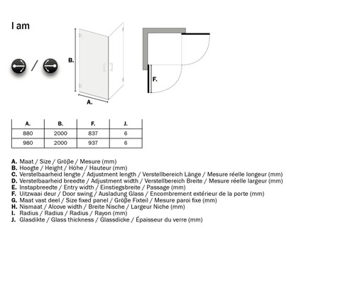 Technische tekening van een douchecabine met afmetingen