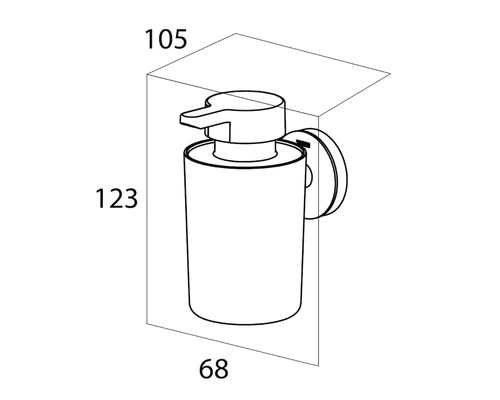 Technische tekening van een zeepdispenser met afmetingen