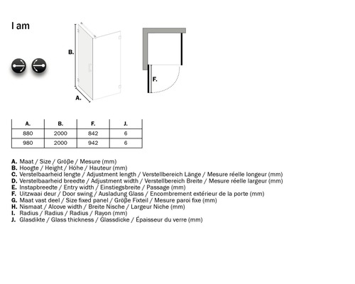 Technische tekening van een douchecabine met afmetingen
