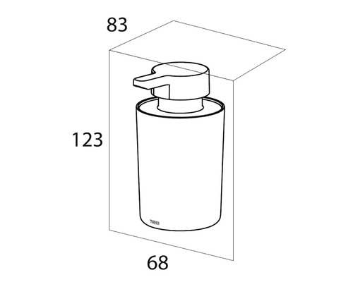 Technische tekening van een zeepdispenser met afmetingen