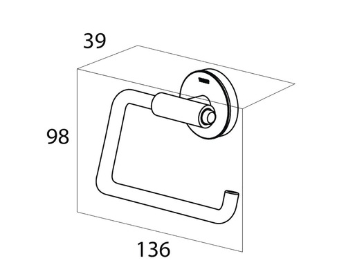 Technische tekening van een toiletpapierhouder met afmetingen