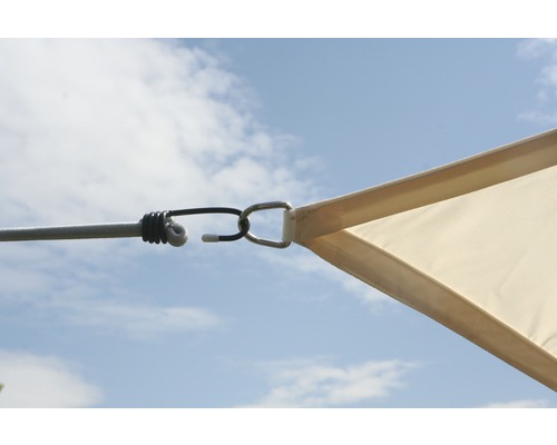 Detailopname van een zonnescherm met spanbandbevestiging.