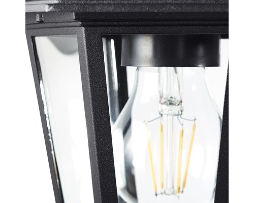 Detailopname van een zwarte buitenlamp met een gloeilamp.