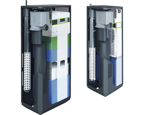 Twee Juwel binnenfilters met verschillende filtermedia voor aquariumreiniging.