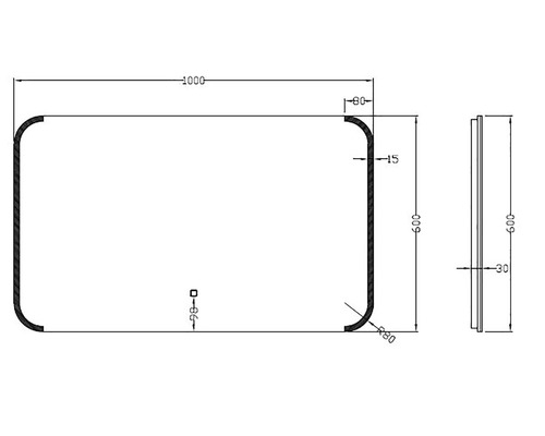 Technische tekening van een spiegel met de afmetingen 1000 x 600 millimeter