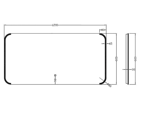 Technische tekening van een rechthoekige spiegel met afgeronde hoeken en maataanduidingen