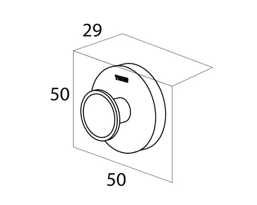 Technische tekening van een wandhaak met de afmetingen 50 x 50 x 29 millimeter