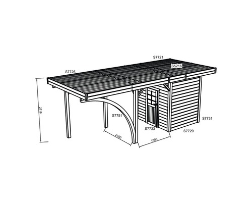 Illustratie van een tuinhuis met carport en maataanduidingen.