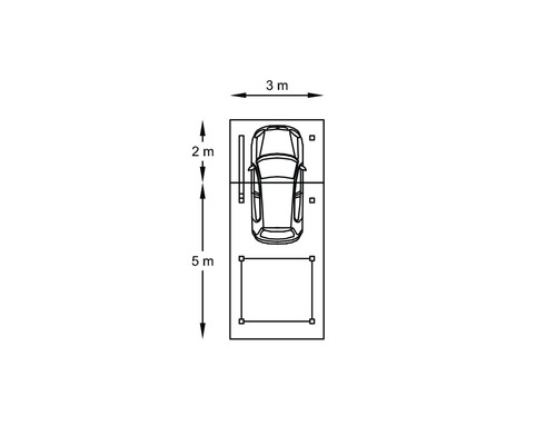 Plattegrond van een carport met de afmetingen drie bij vijf meter, met auto