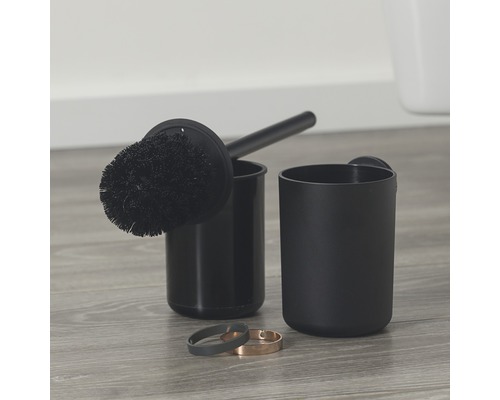 Zwarte toiletborstel met houder en tandenborstelbeker voor wandmontage