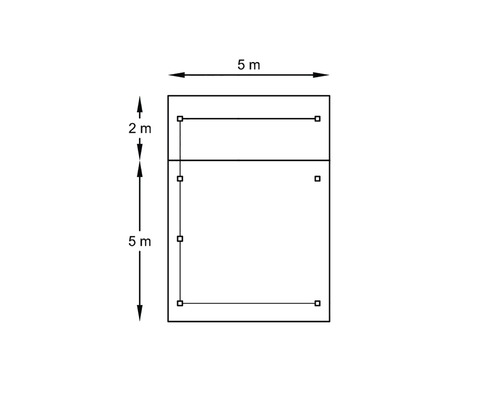 Diagram van een rechthoekig oppervlak met afmetingen van vijf bij vijf meter en twee bij vijf meter
