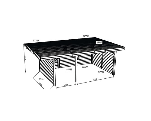 Technische tekening van een carport met afmetingen.