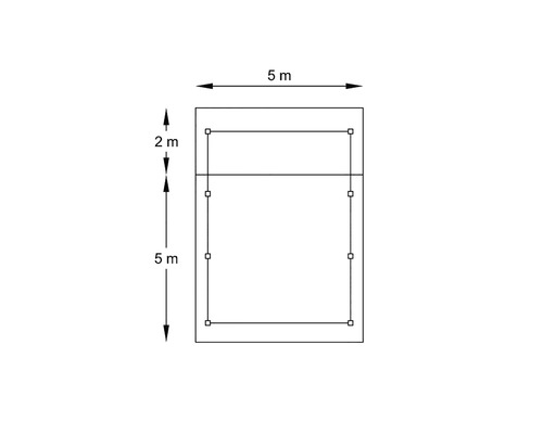 Plattegrond met afmetingen: 5 meter breed, 2 meter hoogte bovenste gedeelte, 5 meter hoogte onderste gedeelte