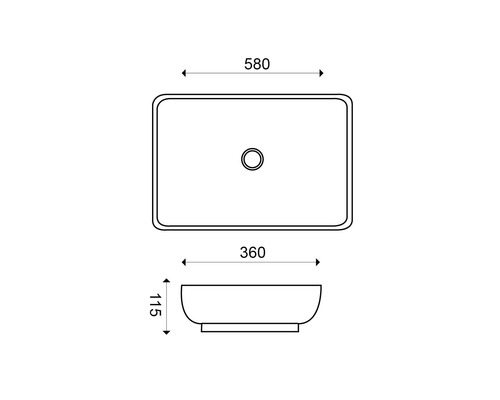 Technische tekening van een waskom met maatvoering