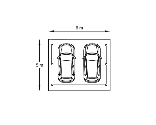 Plattegrond van een dubbele garage met afmetingen van zes bij vijf meter.