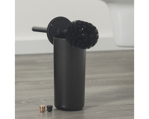 Zwarte toiletborstel met houder en twee reserveknoppen