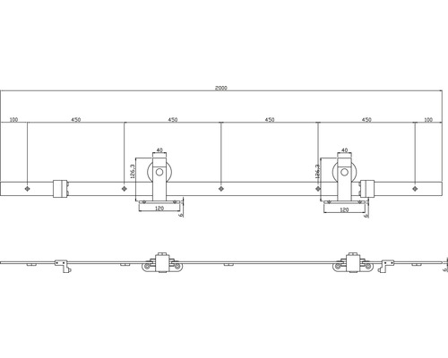 Technische tekening van een schuifdeurrailconstructie met maatvoering