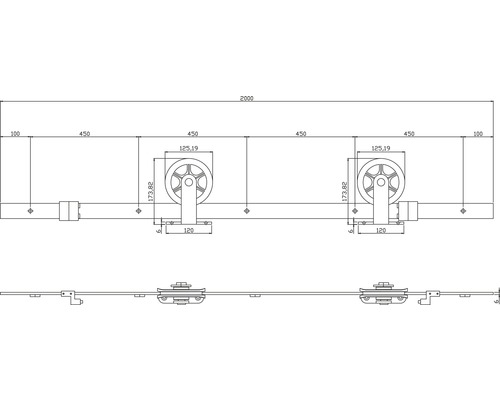 Technische tekening van een schuifdeurrail met maatvoering.