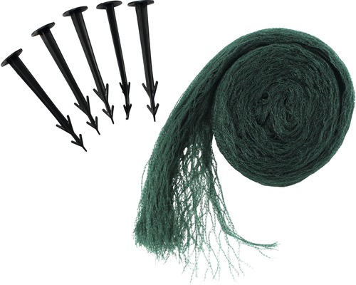 Groen vogelbeschermingsnet met vijf zwarte haringen