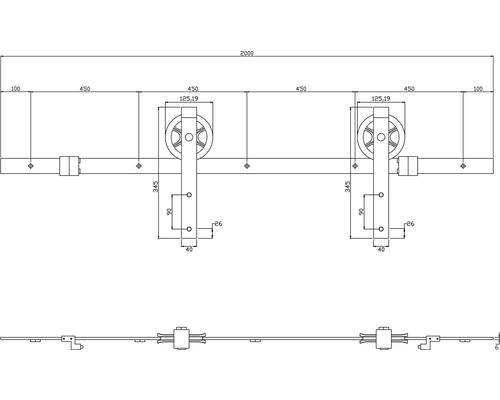 Technische tekening van een schuifdeursysteem met afmetingen