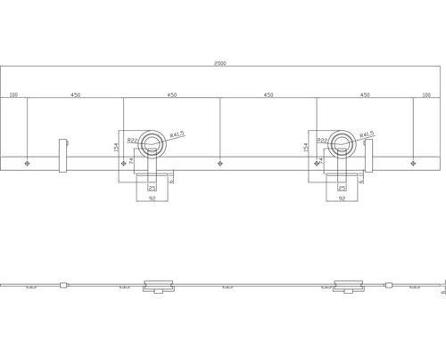 Technische tekening van een schuifdeursysteem met afmetingen.